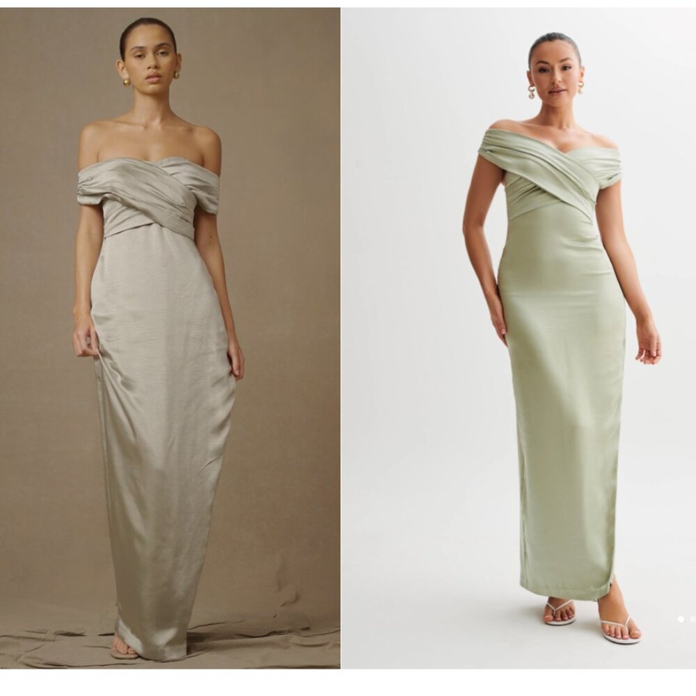 MESHKI HARLEY Off Shoulder Satin Maxi Dress - Sage *NWT*